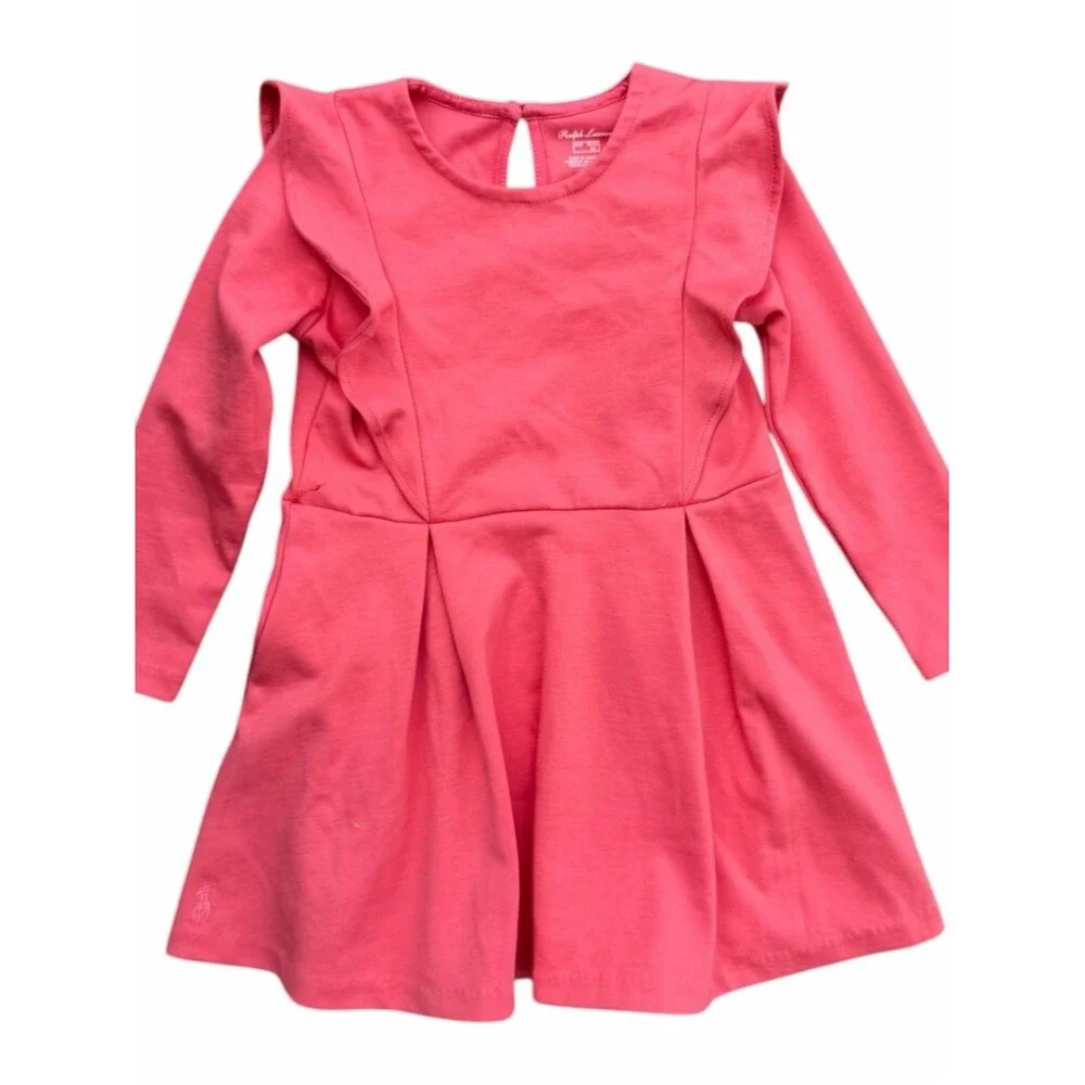 Ralph Lauren Coral Pink Long Sleeve Dress 24M Ruffle Shoulder Fit Flare Toddler